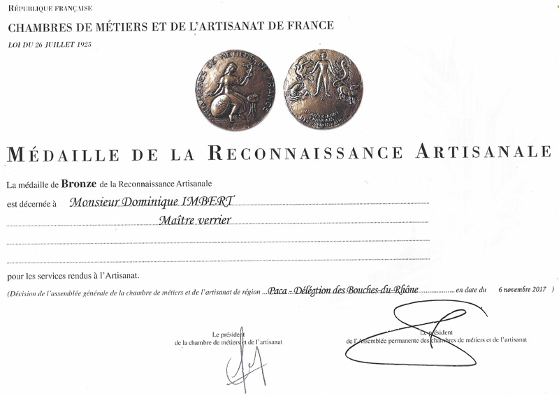 Diplôme de la médaille de bronze de la Reconnaissance Artisanale décernée à Dominique Imbert, maître verrier